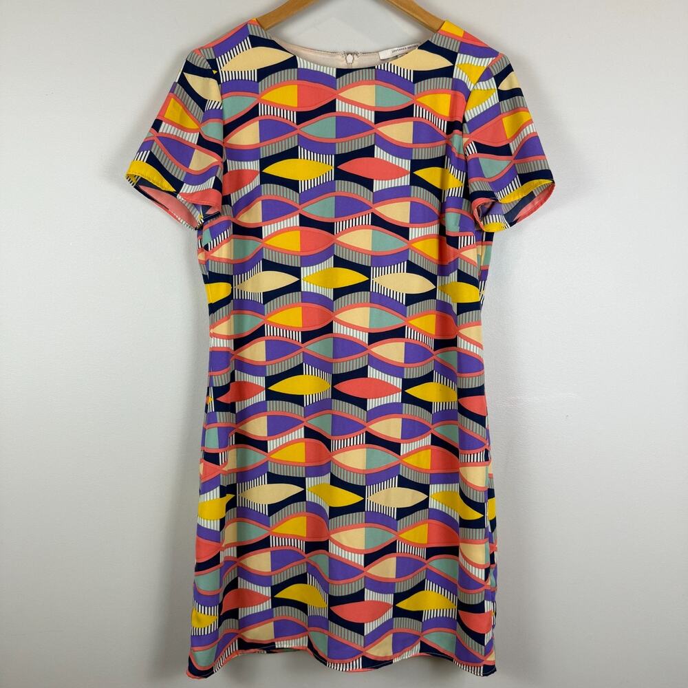 Lavender Brown Mini Dress Womens M Multicolor Geometric Print Short Sleeve Retro